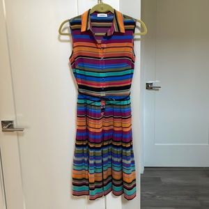 Calvin Klein colorful striped pleated dress with belted waist